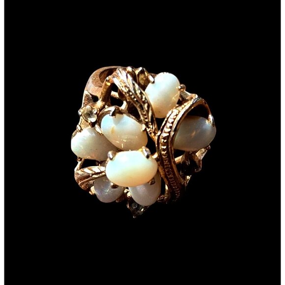 Vintage Opal and Rhinestone Cluster Ring Gold Leaf Design Size 5 - Picture 4 of 10